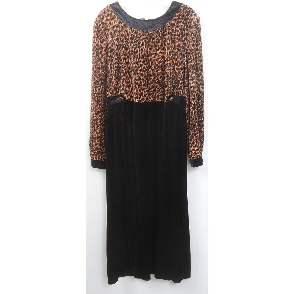 VTG 90s Melissa Harper MHM Size XL Black Velvet Velour Midi Dress Leopard PinUp